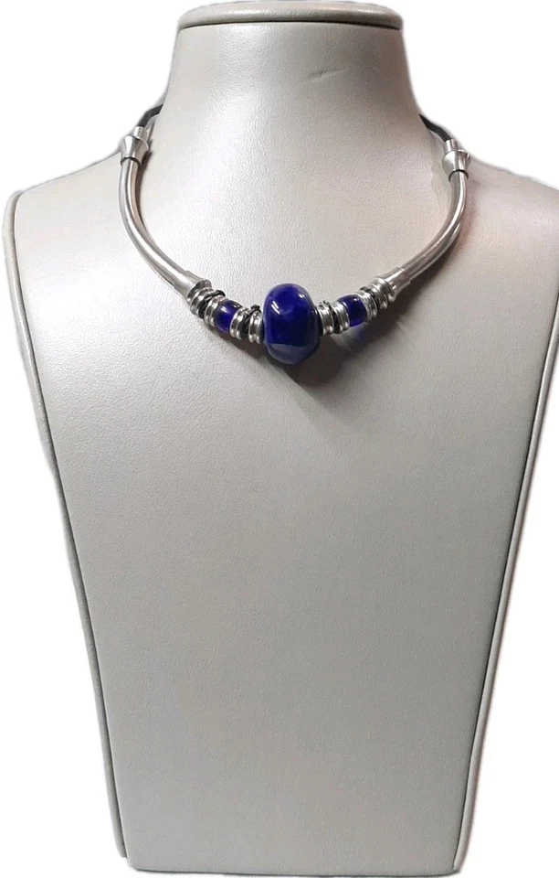 VTG Sterling Silver Ethnic Choker Necklace Cobalt Blue Glass Ball Disc Bead 15"