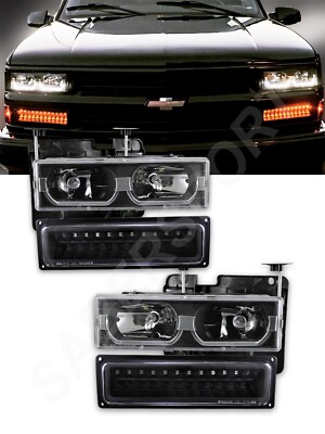 Black Headlights w/ U Bar + LED Signal Lights for 1988-1999 GM C/K Full Size 