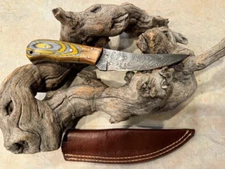 Custom Made Wood Handle Damascus Steel hunter/skinner knife leather sheath FLAW