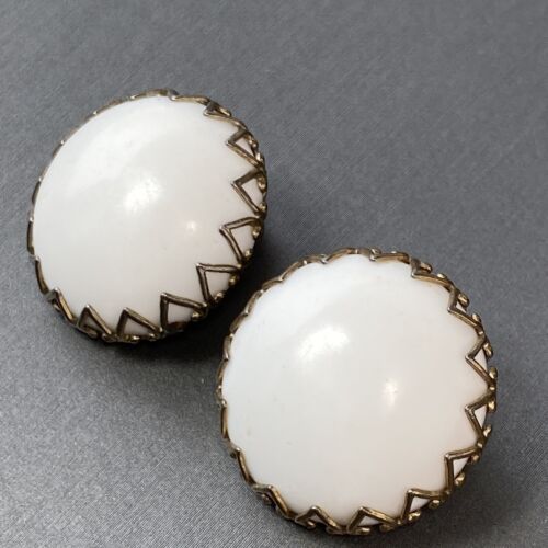 Vintage Clip-On Button Earrings Milky White Plast… - image 1