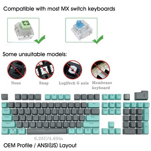 Cyan Gray Double Shot PBT Keycaps 106 OEM Shine Through for Cherry MX Keyboards - Picture 4 of 9
