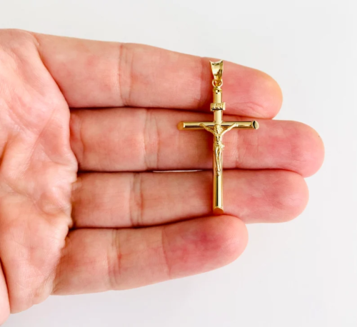 14K Gold Crucifix Cross 1.7" Pendant, 14k Real Gold Jesus Christ Cross- PT839 - 第 1/8 張圖片