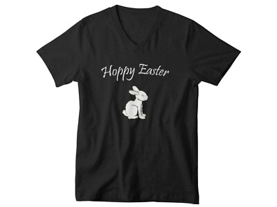 Mens V-neck Hoppy Easter Shirt Christian Graphic Bunny Cross Spring Holiday Top