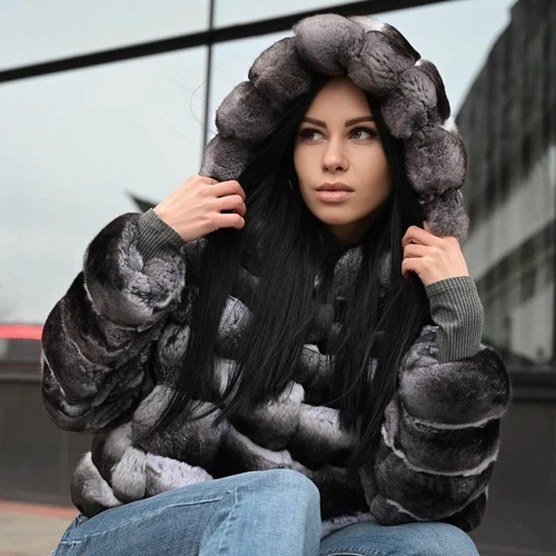 2025 Mujer Piel de Conejo Rex Real Capucha Abrigo Invierno Chinchilla Chaqueta Corta - Imagen 3 de 4