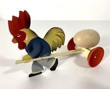 VTG Folk Art ARTIST SIGNED Tin Rooster Pulling a Cart With Egg Farmhouse Decor