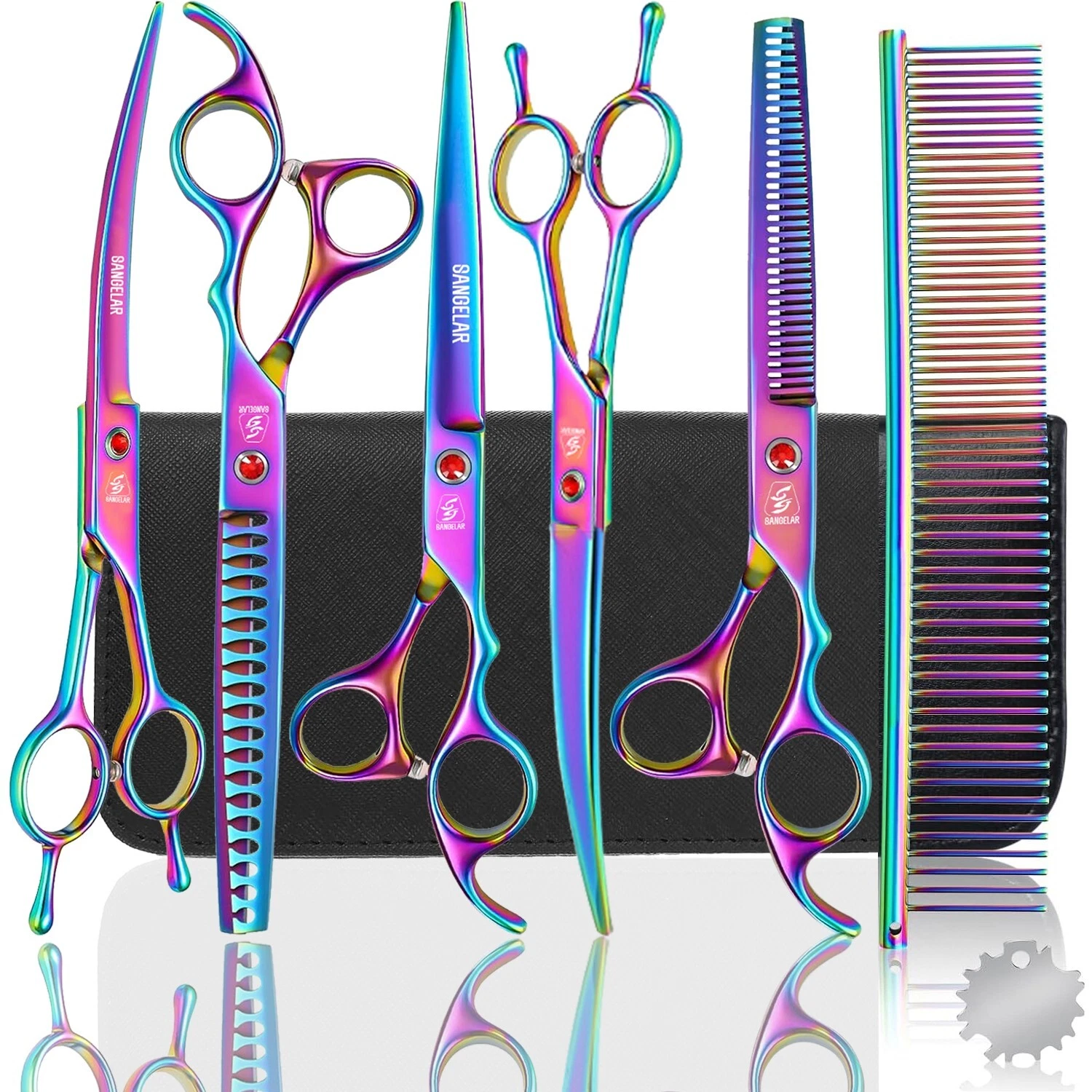 Sangelar 7 inch Pet Grooming Kit- 5 Scissors, Hemostat, Comb, 6 Colors