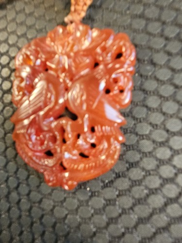 Vintage chinesische geschnitzte Achat Doppel Phönix Seide geflochten Halskette roter Karneol - Bild 11 von 24