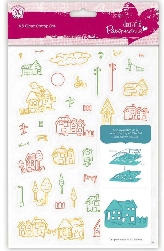 A5 Papermania 40 set clear stamps VILLAGE. Church cloud trees street signs bike