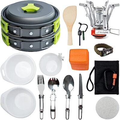 Camping Cookware 18pc Mess Kit w/Backpacking Stove   Camping Cooking Set for ...