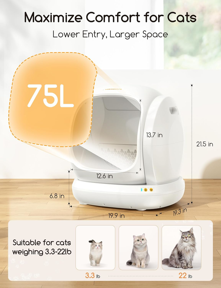 MeoWant SelfCleaning Cat Litter Box, 75L Extra Large Open Automatic