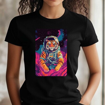 Women's Tiger as Astronaut Print Cotton T-Shirt Size S to 3XL