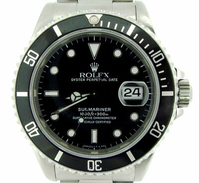 Mens Rolex Submariner Stainless Steel Watch w/ Black Dial & Bezel Date Sub 16610