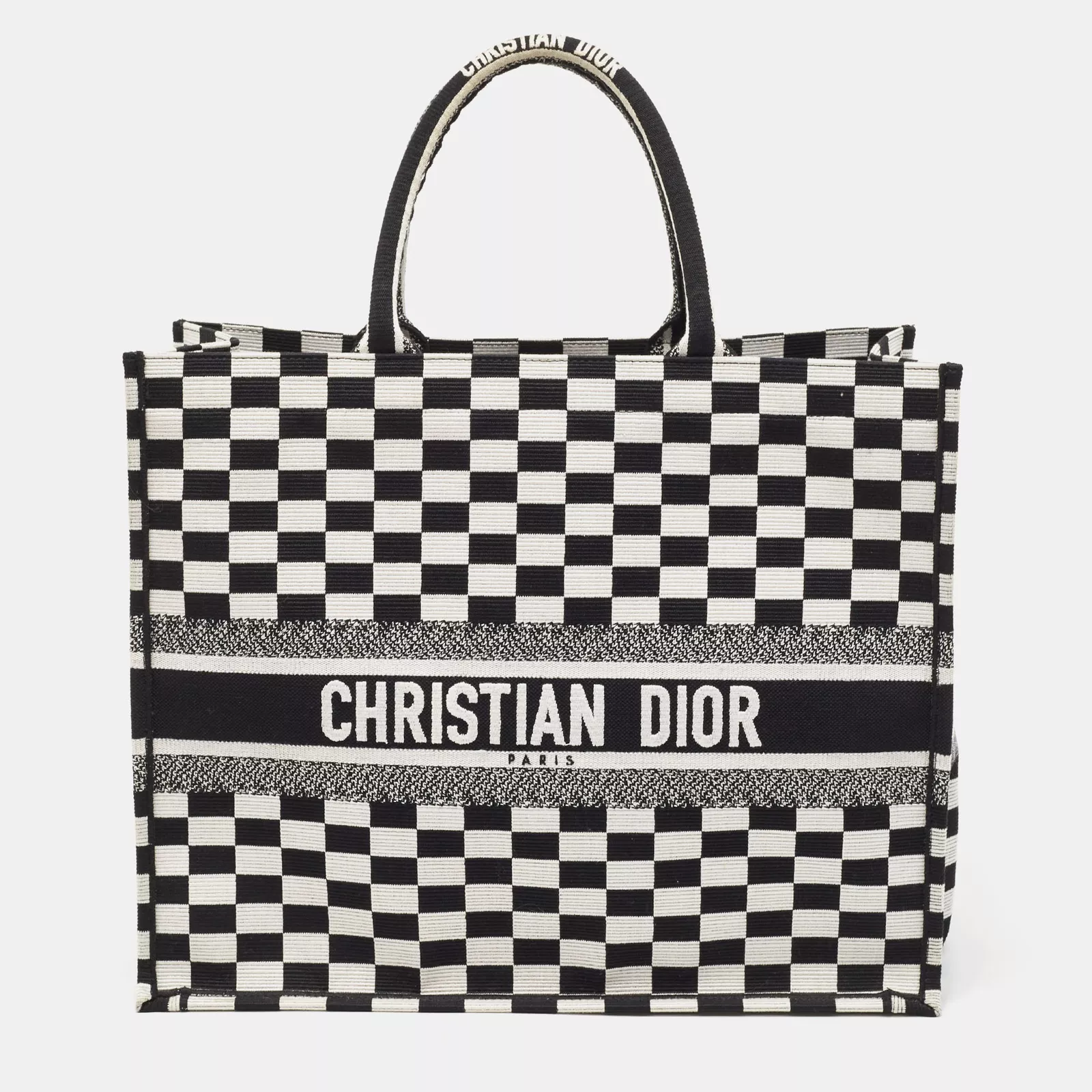 Grand sac fourre tout livre en toile brodée à carreaux noir/blanc Dior