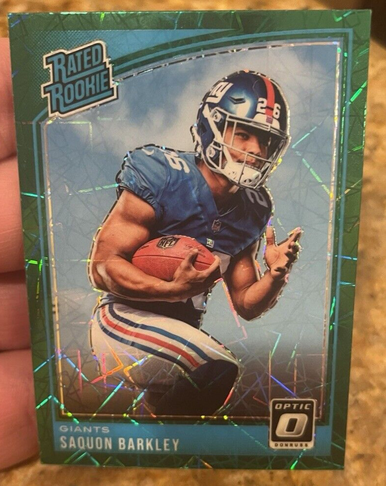 SAQUON BARKLEY🔥NM+ GREEN VELOCITY PRIZM RATED ROOKIE📈2018 DONRUSS OPTIC 156 RC