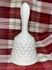 FENTON HOBNAIL MILK GLASS BEADED EDGE HANDLE BELL WITH ORIGINAL METAL RINGER