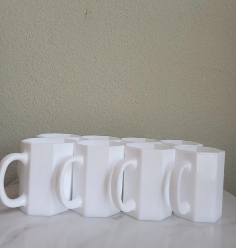 VTG SET 8 ANAIS WHITE MILK GLASS ACROPAL ARCOROC OCTAGONAL MUGS FRANCE