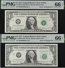 1977 $1 FRN PMG 66EPQ - Matching Digit Radar Serial Number 09066090 - 06099060