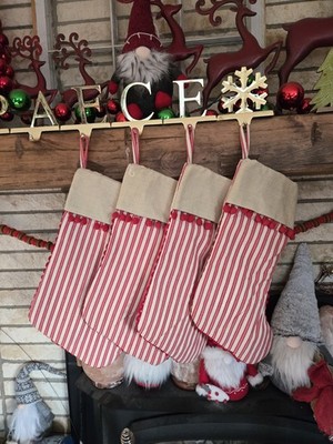 1 Walmart red white ticking Candy Cane Striped Christmas stocking Pom Poms