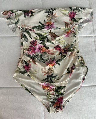 Kona Sol Women's Floral Bandeau Front Ruched One Piece Swimsuit M Beach Pool