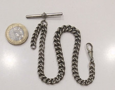 Vintage Albert Pocket Watch Chain silver plated brass with T bar & dog clip