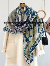 70% Cashmere 30% Silk Wrap Scarf Forest bird Print Double Face Big Shawl 53''