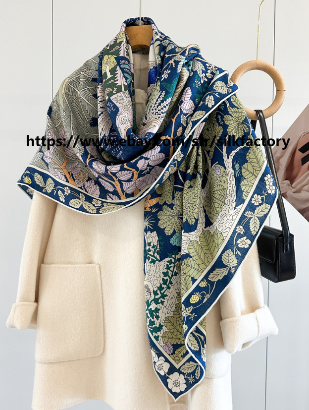 Bufanda envolvente 70 % cachemir 30 % seda estampado de aves del bosque chal grande doble cara 53""