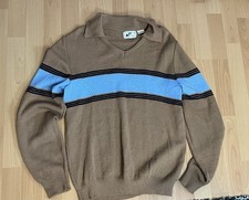 Vintage KP Collections L 70 s Beige Blue Chest Strip Sweater Pullover Preppy