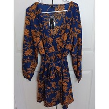 Wrap-Front Long Sleeve Dress in Navy with Mustard Yellow Floral Design