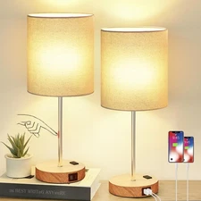 Lynnoland Touch Wood Table Lamps Set of 2 Bedroom Lamps with 2 USB & AC Outle...