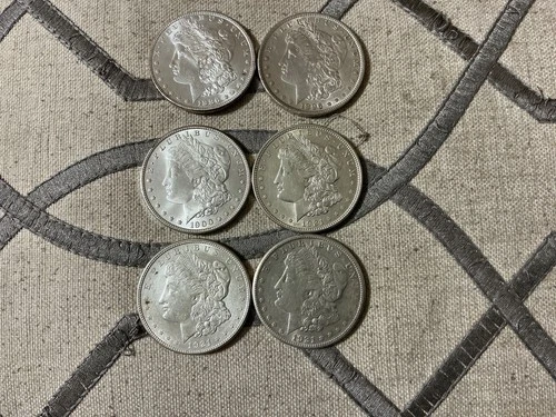 Random Date Lot of  6 Morgan Silver Dollars 90% fine silver, uncertified & ungra