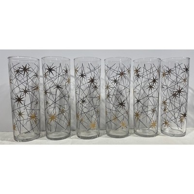 Set of 6 Vintage Libbey Atomic Galaxy Gold Starburst Collins Highball Glasses