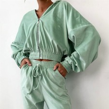 2 Piece Women Zip Up Velour HoodieTracksuit Jogging Workout Sweatsuit Sets