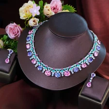 Silver Plated CZ Purple Pink Oval Shaped Wedding Necklace Earrings Jewelry Set