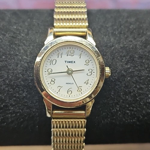 Vtg Timex Watch Women Indiglo Silver Gold Tone Stretch Band New Battery
