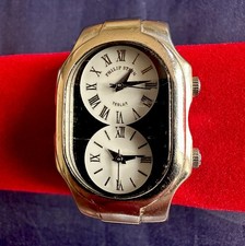 Philip Stein Signature Dual Time Zone Watch Black Leather Strap New Battery 