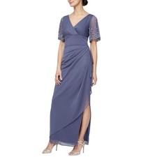 Alex Evenings Violet Beaded Mesh Ruched Flutter Sleeve Long Gown Dress Size 16