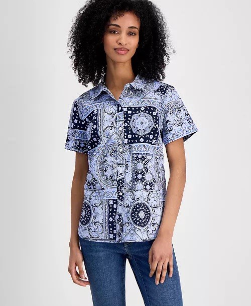 Tommy Hilfiger Plus Size 1X Blue Bandana Paisley Print Cotton Camp Shirt Top NWT