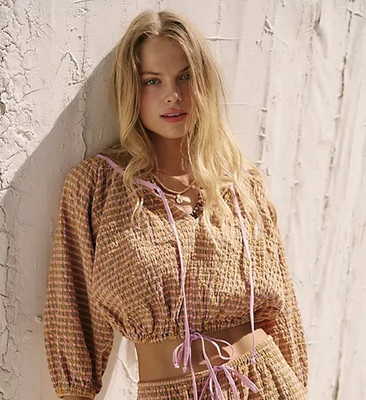 Free People Free-est Clara Plaid Blouse Top Printed Cropped Bubbled Drawcord S