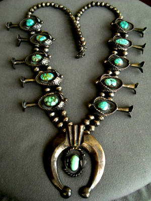 OLD Native American Gem Royston Turquoise Coin Silver Squash Blossom Necklace