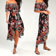 Lulus Black Vibrant Floral Off Shoulder Hi Lo Dress M Boho Tropical Vacation