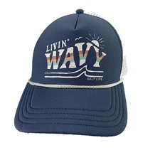 Salt Life Livin Wavy Hat Cap Snap Back Mens Blue White Trucker Mesh Rope