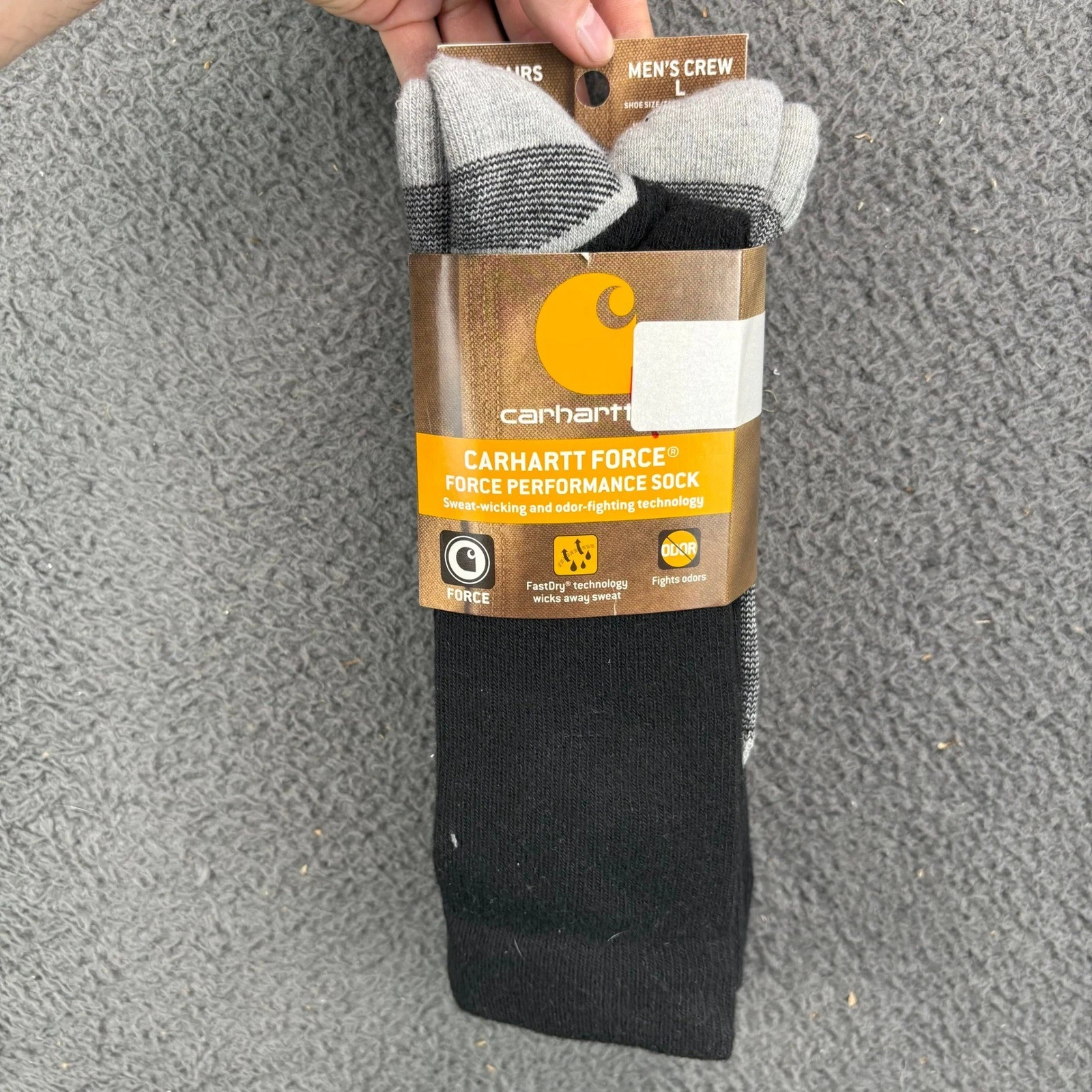 Carhartt Force Performance Men Crew Socks 3 Pair Black Grey A422-3 Size L 6-12