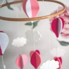 EcoCubs Handmade Felt Baby Mobile-Hot Air Balloons  Clouds. Magenta/Blush Pink