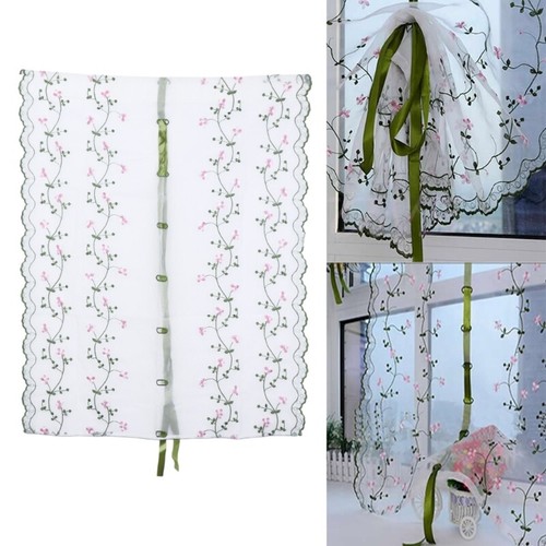 Rural Hand Embroidered Floral Shade Sheer Door Cafe Kitchen Voile Curtain for Fr - Picture 2 of 8