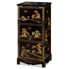 US Seller - Black Lacquer Chinoiserie Scenery 3 Drawer Oriental File Cabinet