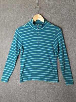 L.L. Leichter Baumwollpullover Bohnenblau/mint gestreift 1/4-Reißverschluss Langarm - Damen XS