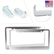 2pcs License Plate Frame Tag Cover With Screw Caps Stainless Steel Metal Silver