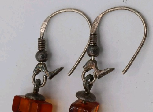 Orecchini Vintage In AMBRA E ARGENTO 925 Lunghi 4,5 Cm - Perfetti - Foto 4 di 6