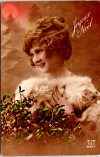 RPPC Hand Tinted Pretty Young Lady Hairdo Fur Stole Dix Studio Paris WOB (Z-459)