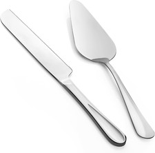2-Piece Premium Cake Cutting Set, Knife and Server with Serrated Design Silver 